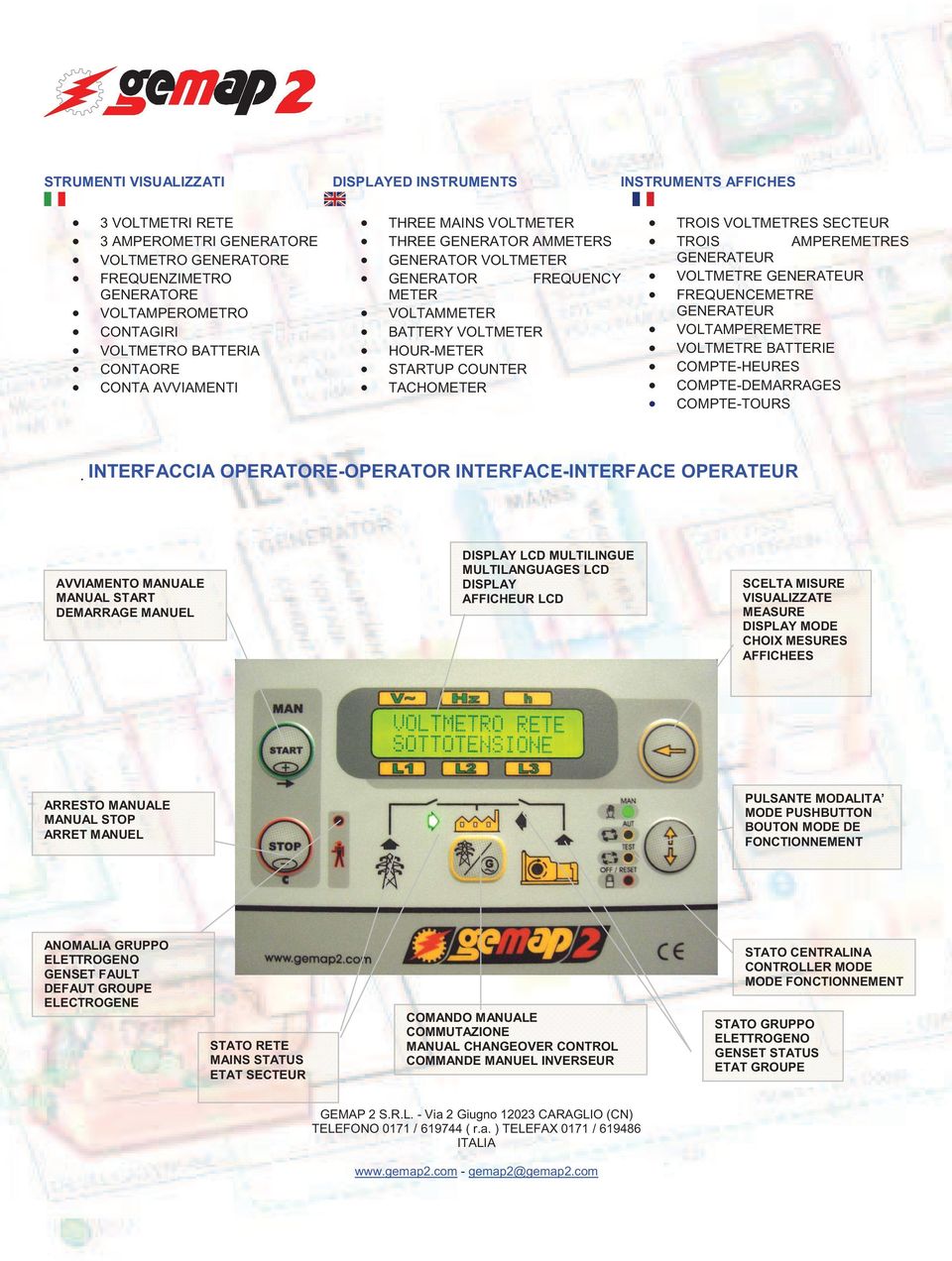 VOLTMETRES SECTEUR TROIS AMPEREMETRES GENERATEUR VOLTMETRE GENERATEUR FREQUENCEMETRE GENERATEUR VOLTAMPEREMETRE VOLTMETRE BATTERIE COMPTE-HEURES COMPTE-DEMARRAGES COMPTE-TOURS INTERFACCIA