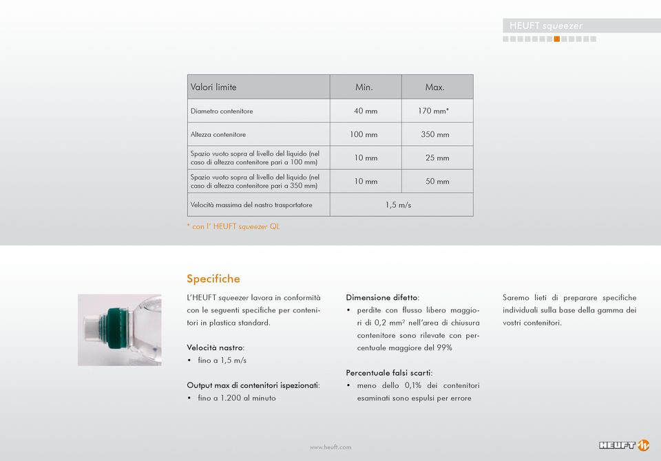 liquido (nel caso di altezza contenitore pari a 350 mm) 10 mm 25 mm 10 mm 50 mm Velocità massima del nastro trasportatore 1,5 m/s * con l HEUFT squeezer QL Specifiche L HEUFT squeezer lavora in