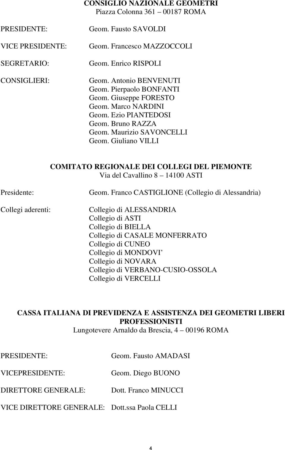 Giuliano VILLI COMITATO REGIONALE DEI COLLEGI DEL PIEMONTE Via del Cavallino 8 141 ASTI Presidente: Collegi aderenti: Geom.