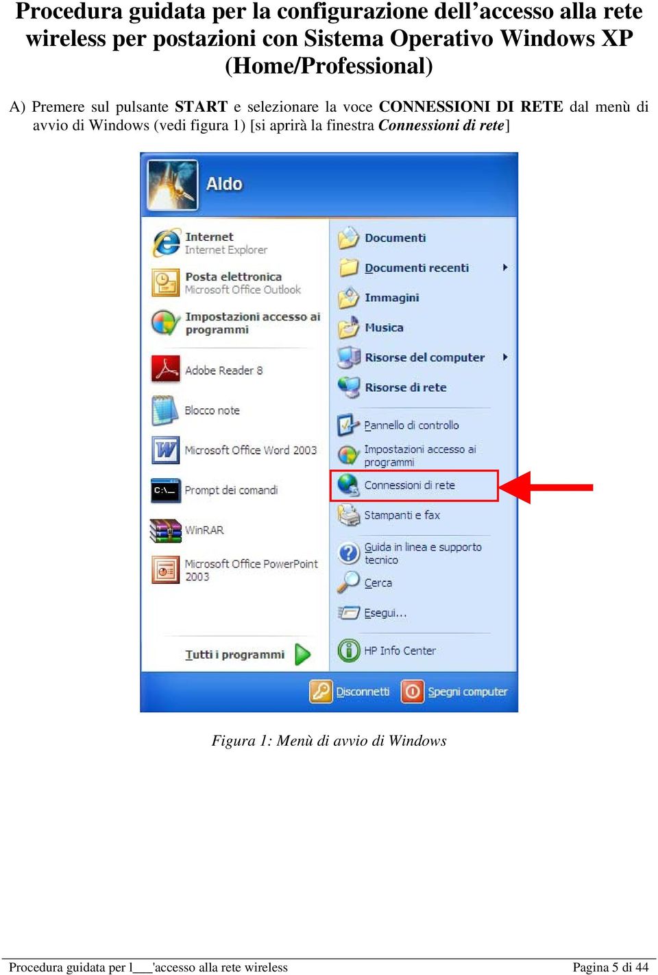 CONNESSIONI DI RETE dal menù di avvio di Windows (vedi figura 1) [si aprirà la finestra Connessioni