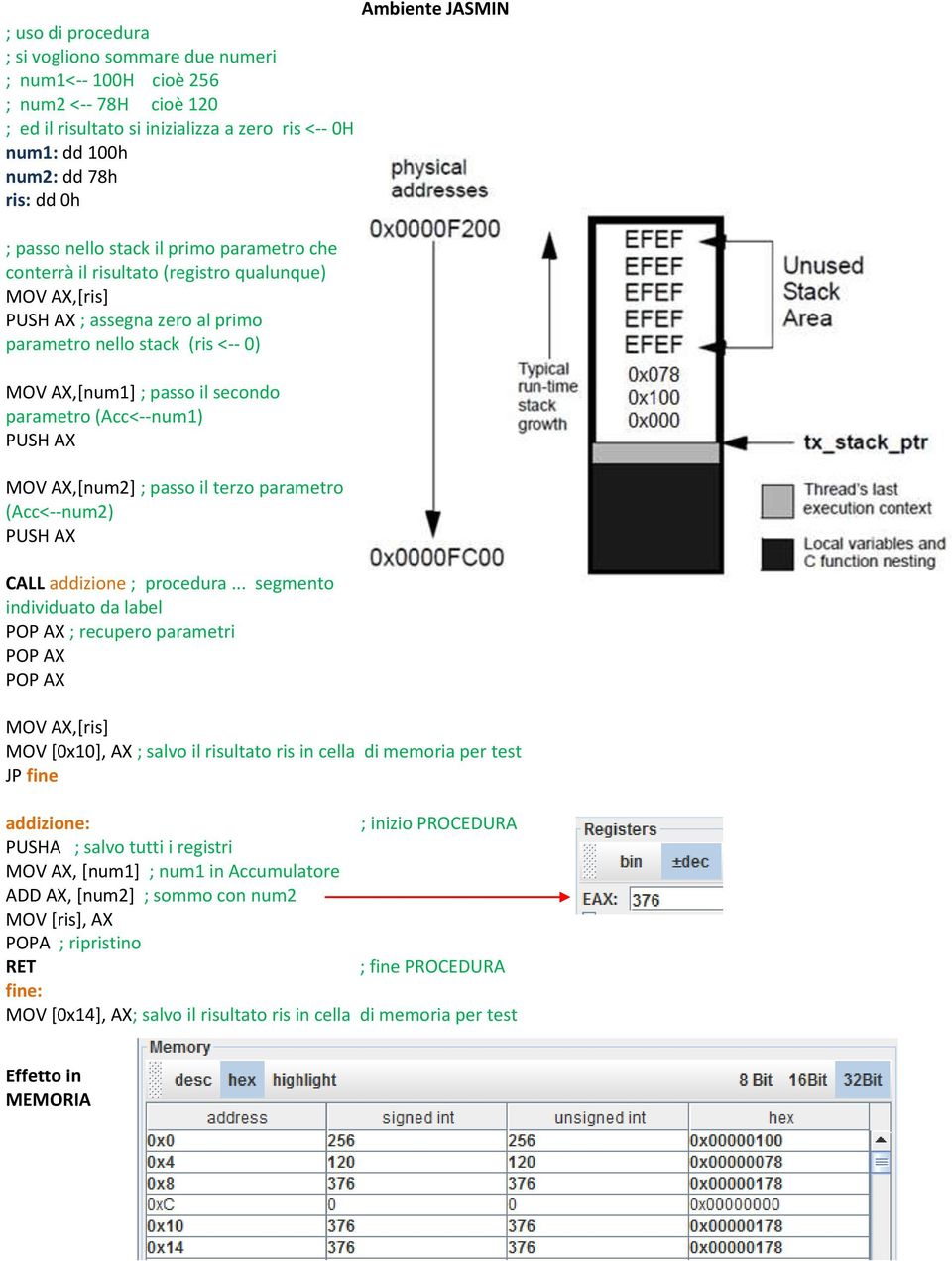 (Acc<--num1) PUSH AX MOV AX,[num2] ; passo il terzo parametro (Acc<--num2) PUSH AX CALL addizione ; procedura.