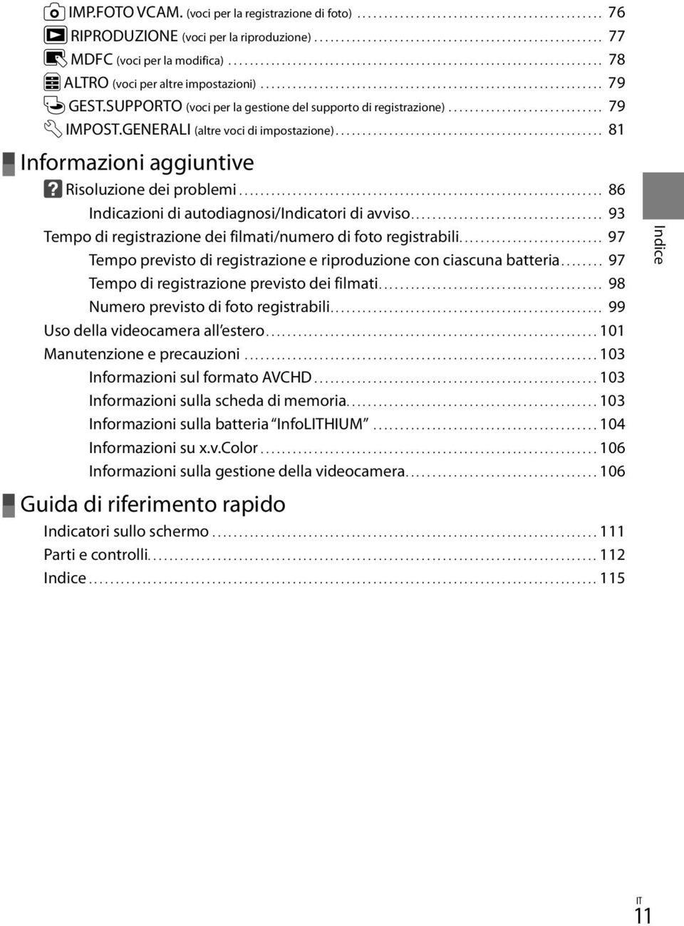 SUPPORTO (voci per la gestione del supporto di registrazione).............................. 79 IMPOST.GENERALI (altre voci di impostazione).................................................. 81 Informazioni aggiuntive Risoluzione dei problemi.