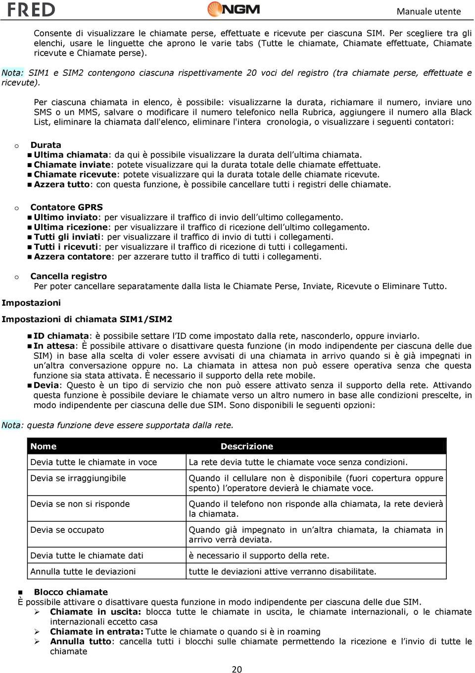 Nta: SIM1 e SIM2 cntengn ciascuna rispettivamente 20 vci del registr (tra chiamate perse, effettuate e ricevute).