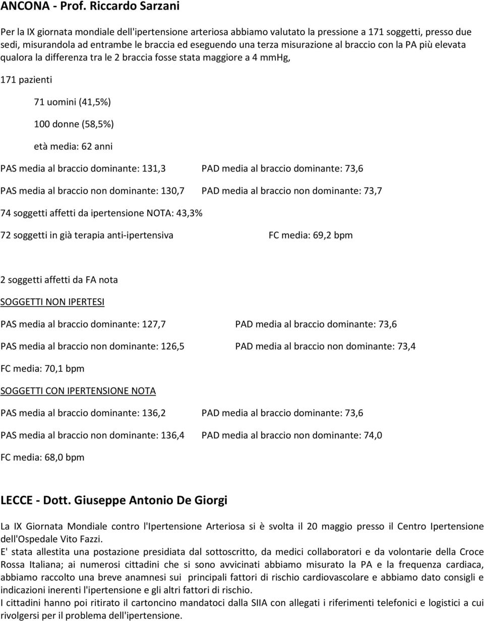 misurazione al braccio con la PA più elevata qualora la differenza tra le 2 braccia fosse stata maggiore a 4 mmhg, 171 pazienti 71 uomini (41,5%) 100 donne (58,5%) età media: 62 anni PAS media al