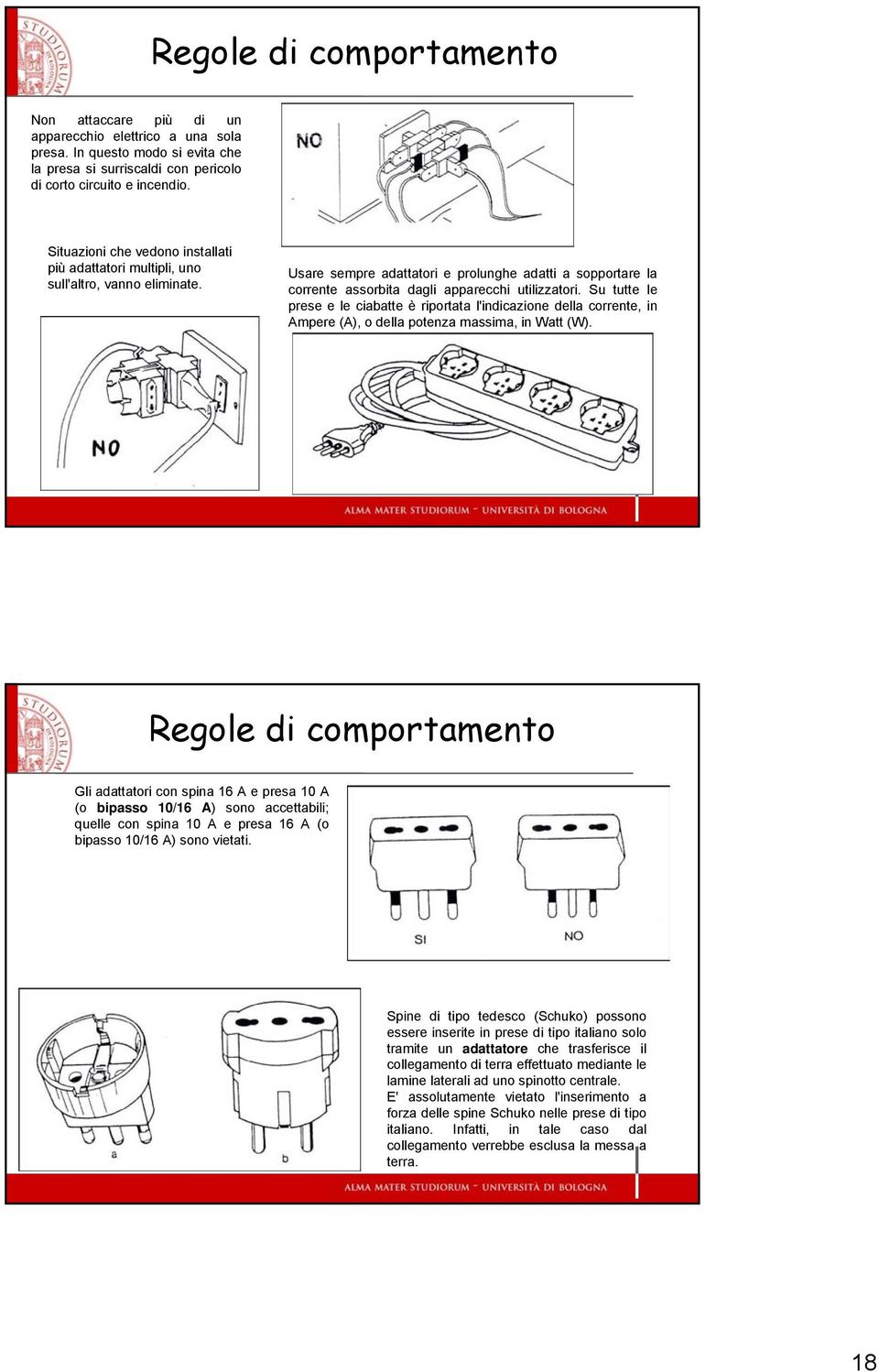 Su tutte le prese e le ciabatte è riportata l'indicazione della corrente, in Ampere (A), o della potenza massima, in Watt (W).