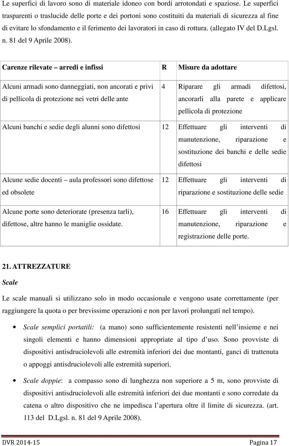 (allegato IV del D.Lgsl. n. 81 del 9 Aprile 2008).