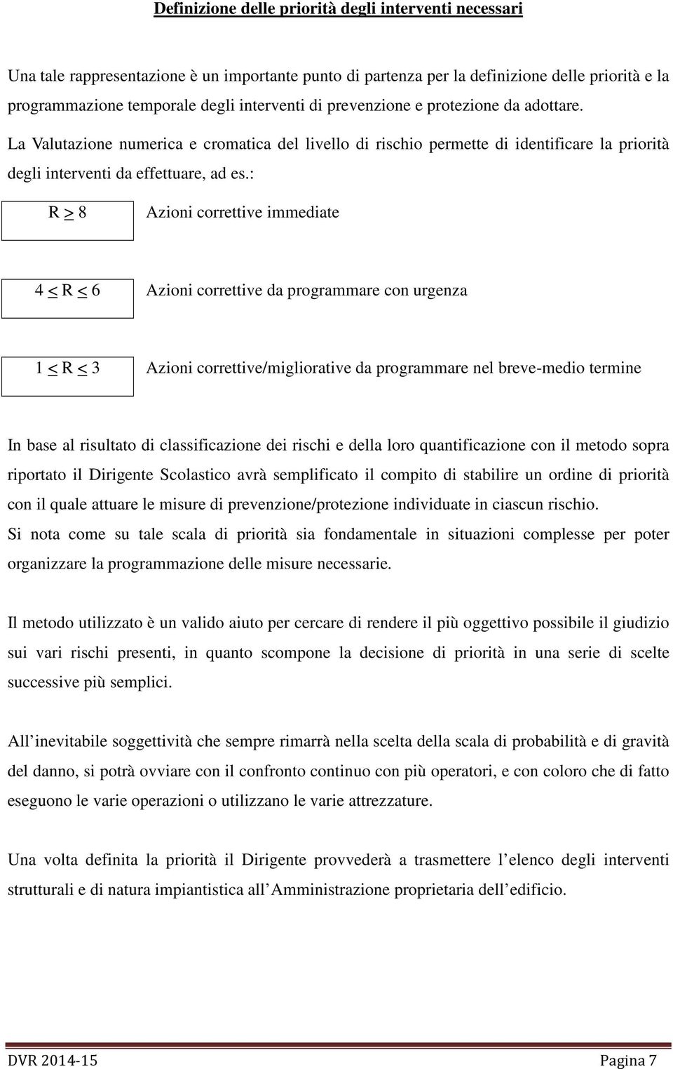 : R > 8 Azioni correttive immediate 4 < R < 6 Azioni correttive da programmare con urgenza 1 < R < 3 Azioni correttive/migliorative da programmare nel breve-medio termine In base al risultato di