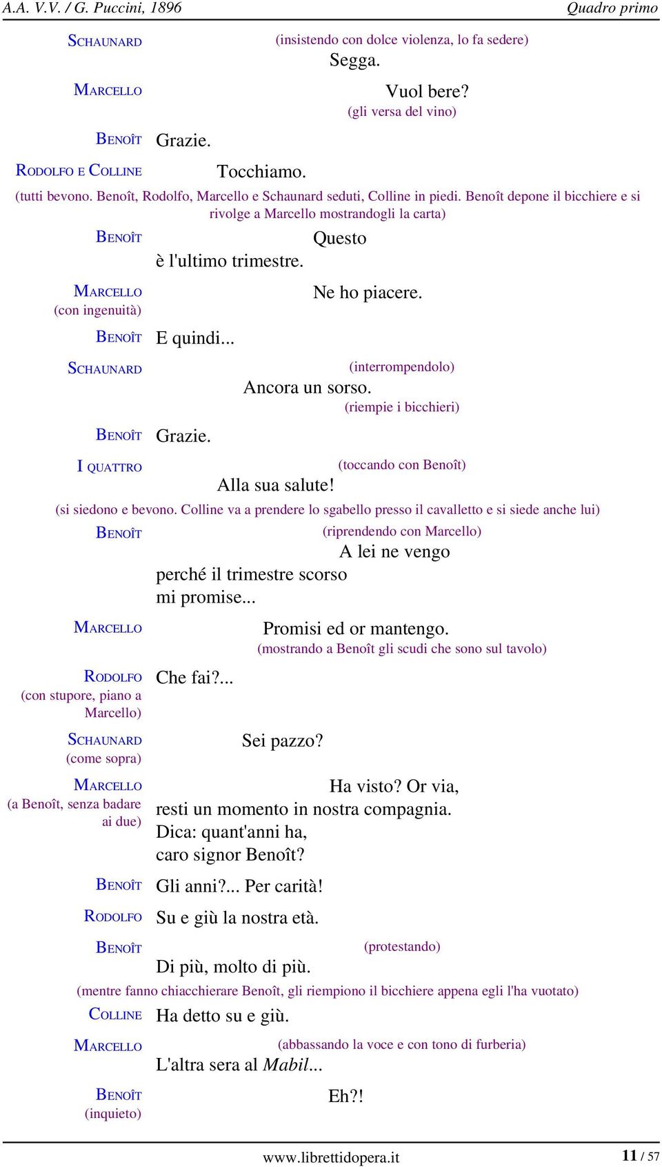 Questo (con ingenuità) Ne ho piacere. BENOÎT E quindi... (interrompendolo) Ancora un sorso. (riempie i bicchieri) BENOÎT Grazie. I QUATTRO (toccando con Benoît) Alla sua salute! (si siedono e bevono.