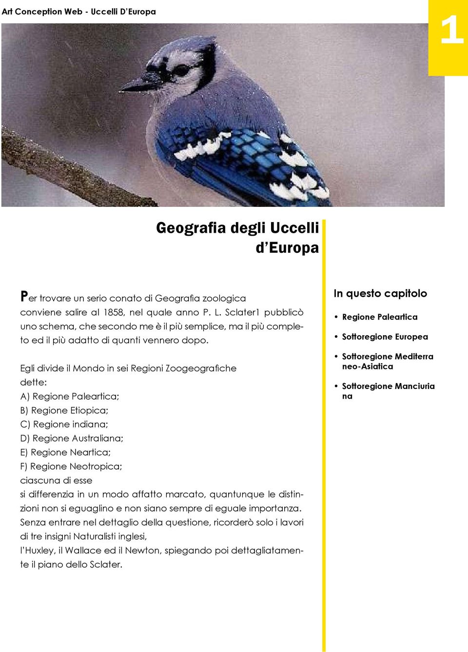 Egli divide il Mondo in sei Regioni Zoogeografiche dette: A) Regione Paleartica; B) Regione Etiopica; C) Regione indiana; D) Regione Australiana; E) Regione Neartica; F) Regione Neotropica; ciascuna