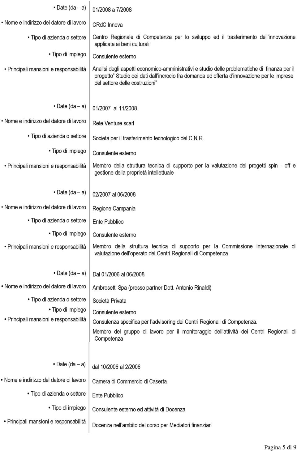 Rete Venture scarl Società per il trasferimento tecnologico del C.N.R. Membro della struttura tecnica di supporto per la valutazione dei progetti spin - off e gestione della proprietà intellettuale