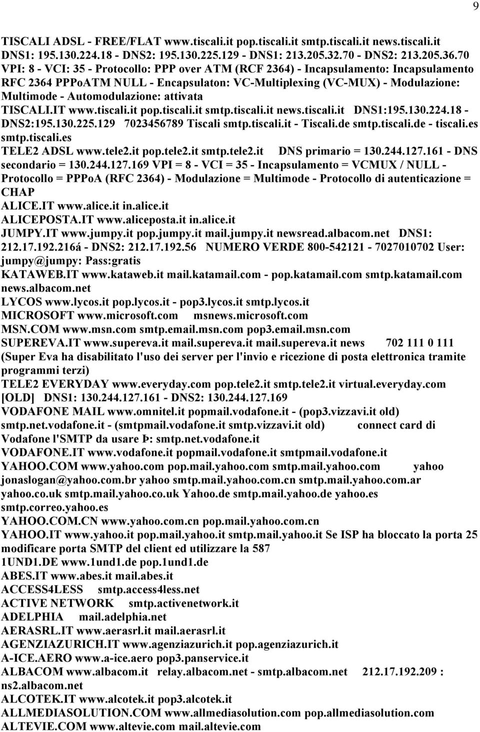 attivata TISCALI.IT www.tiscali.it pop.tiscali.it smtp.tiscali.it news.tiscali.it DNS1:195.130.224.18 - DNS2:195.130.225.129 7023456789 Tiscali smtp.tiscali.it - Tiscali.de smtp.tiscali.de - tiscali.