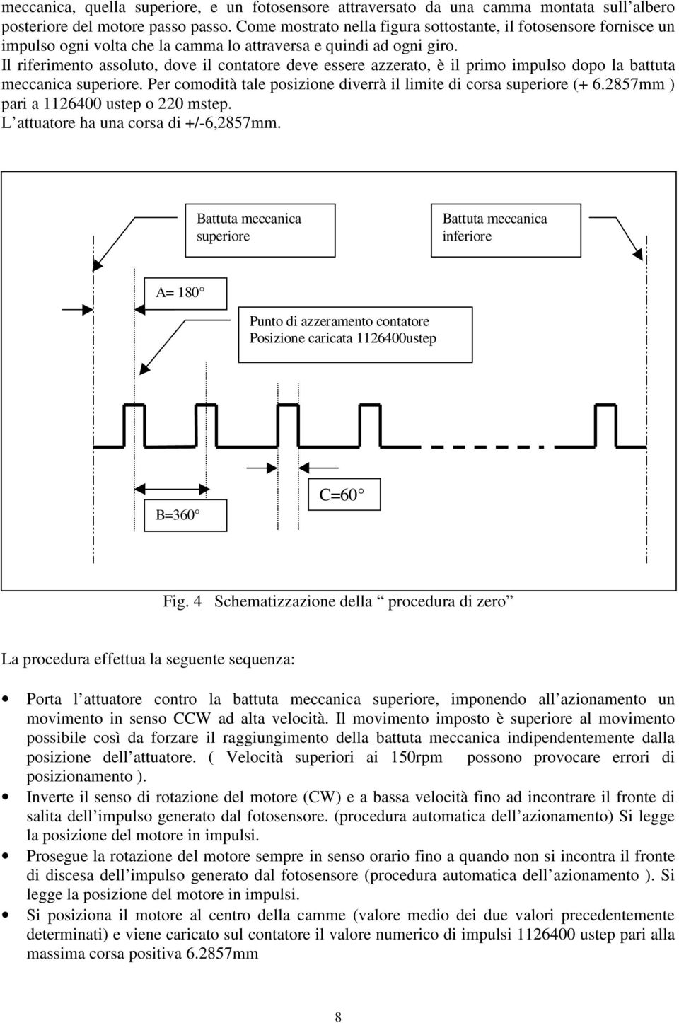 Il riferimento assoluto, dove il contatore deve essere azzerato, è il primo impulso dopo la battuta meccanica superiore. Per comodità tale posizione diverrà il limite di corsa superiore (+ 6.