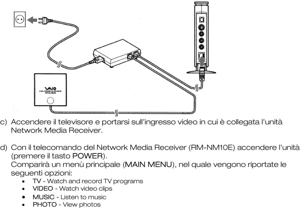 d) Con il telecomando del Network Media Receiver (RM-NM10E) accendere l unità (premere il tasto