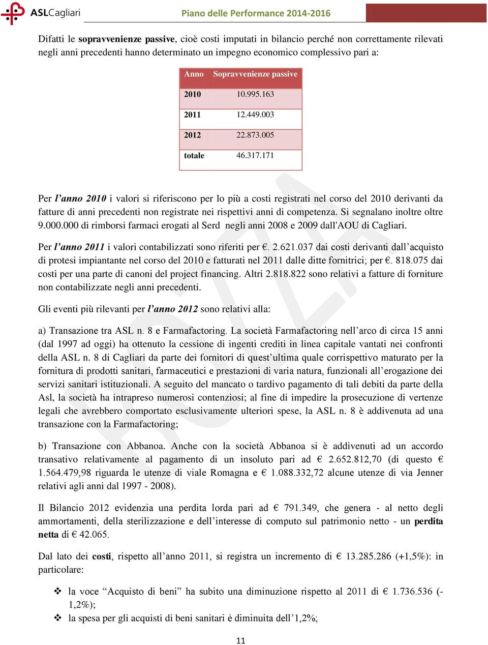 171 Per l anno 2010 i valori si riferiscono per lo più a costi registrati nel corso del 2010 derivanti da fatture di anni precedenti non registrate nei rispettivi anni di competenza.