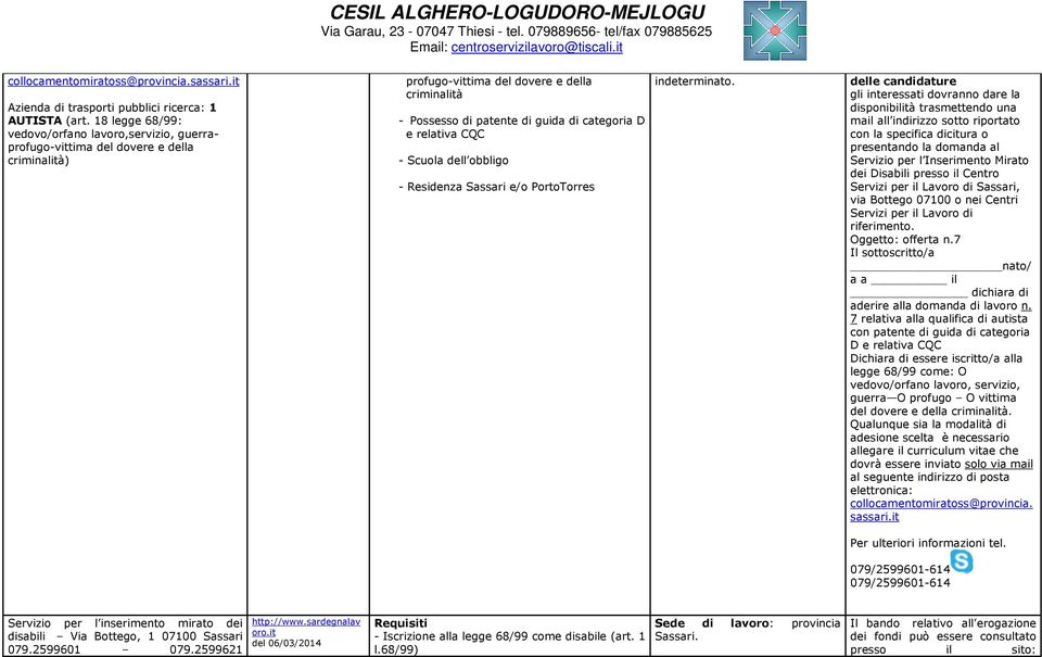 relativa CQC - Scuola dell obbligo - Residenza Sassari e/o PortoTorres indeterminato.