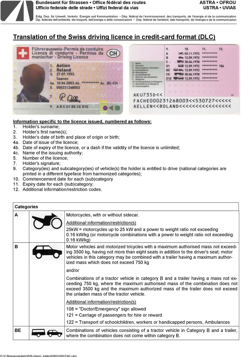 federal da l'ambient, dals transports, da l'energia e da la communicaziun Translation of the Swiss driving licence in credit-card format (DLC) Information specific to the licence issued, numbered as