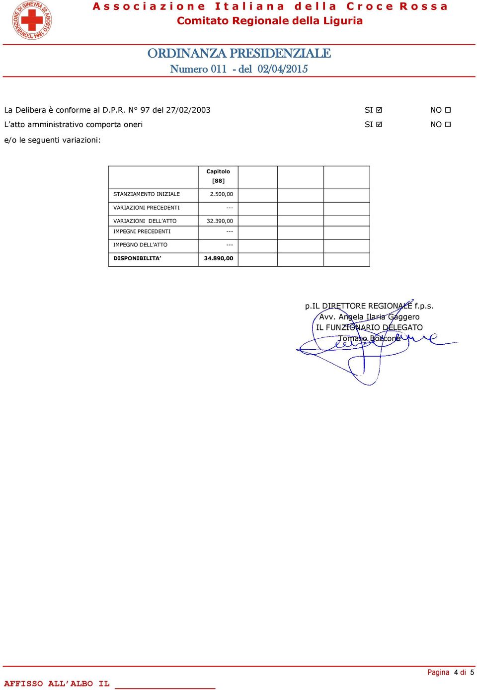 Capitolo [88] STANZIAMENTO INIZIALE 2.500,00 VARIAZIONI PRECEDENTI --- VARIAZIONI DELL ATTO 32.