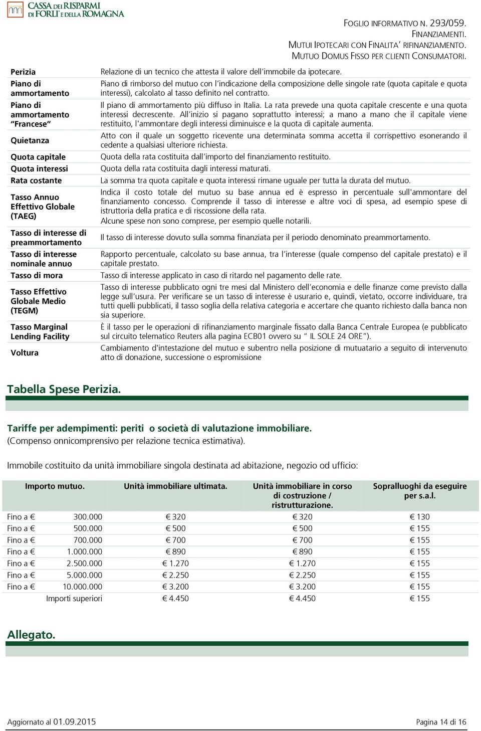 Piano di rimborso del mutuo con l indicazione della composizione delle singole rate (quota capitale e quota interessi), calcolato al tasso definito nel contratto.