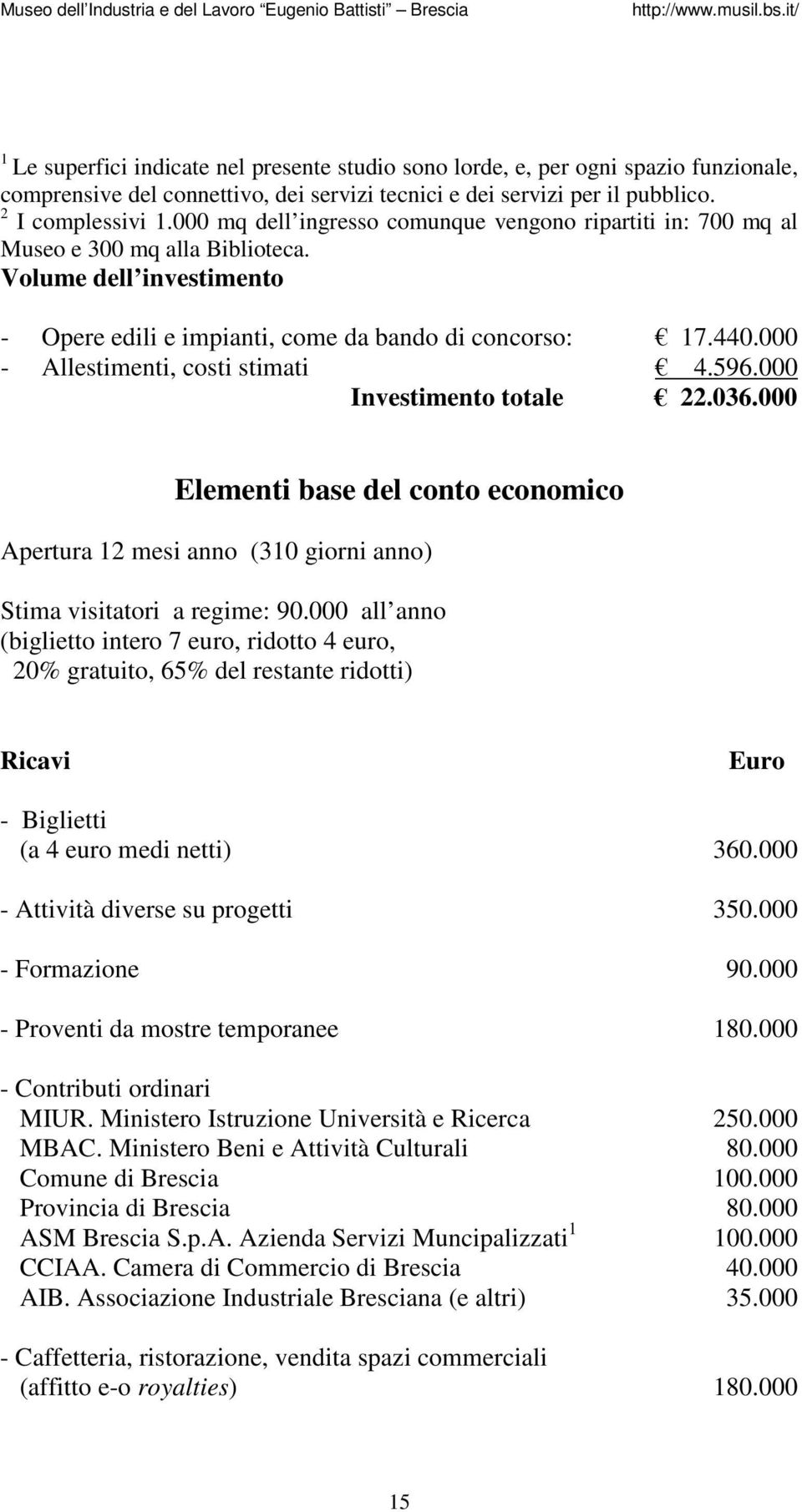 000 - Allestimenti, costi stimati 4.596.000 Investimento totale 22.036.000 Elementi base del conto economico Apertura 12 mesi anno (310 giorni anno) Stima visitatori a regime: 90.