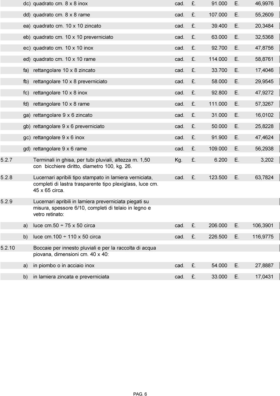 700 E. 17,4046 fb) rettangolare 10 x 8 preverniciato cad.. 58.000 E. 29,9545 fc) rettangolare 10 x 8 inox cad.. 92.800 E. 47,9272 fd) rettangolare 10 x 8 rame cad.. 111.000 E. 57,3267 ga) rettangolare 9 x 6 zincato cad.