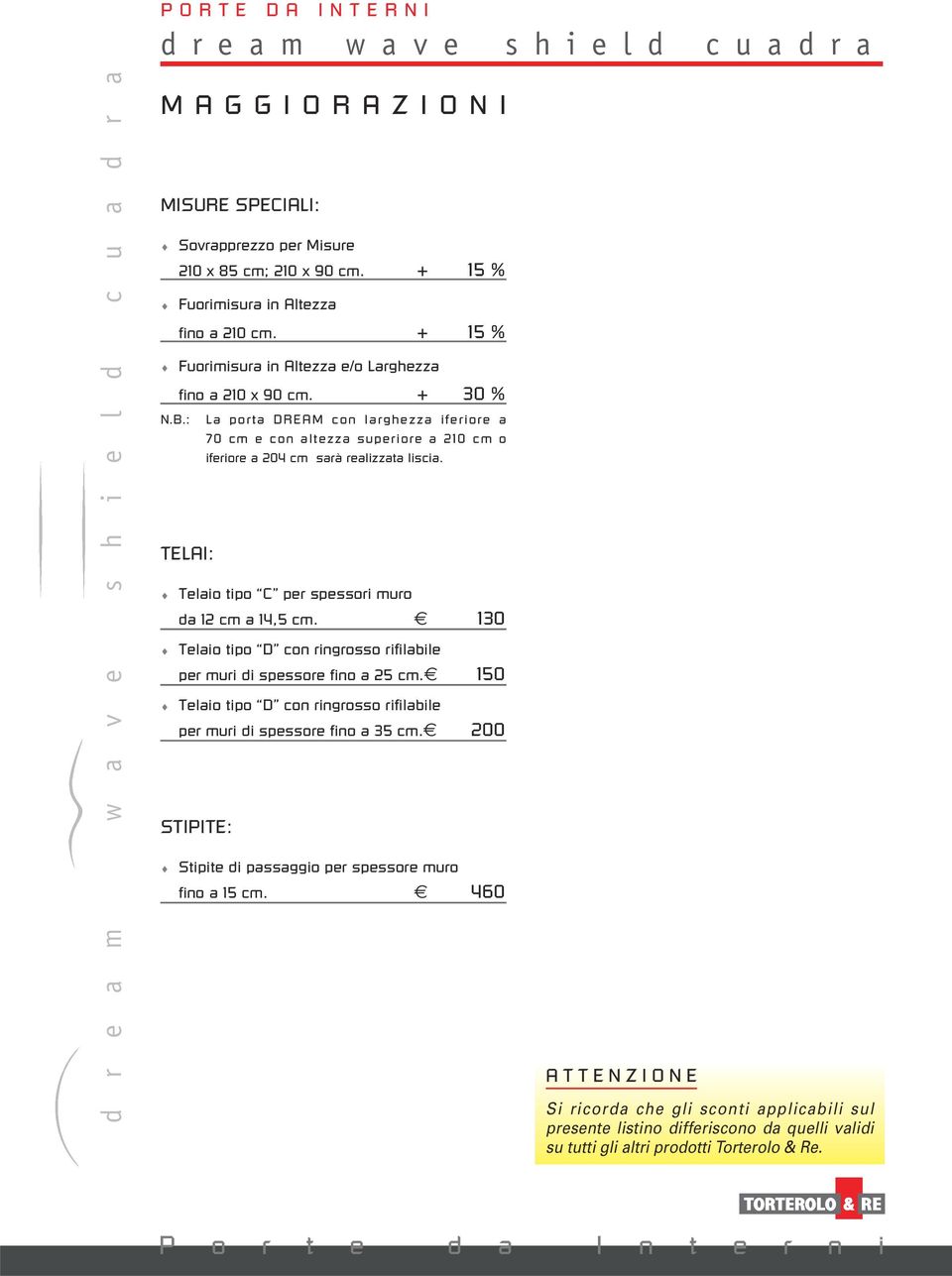 : La porta DREAM con larghezza iferiore a 70 cm e con altezza superiore a 210 cm o iferiore a 204 cm sarà realizzata liscia. TELAI: Telaio tipo C per spessori muro da 12 cm a 14,5 cm.