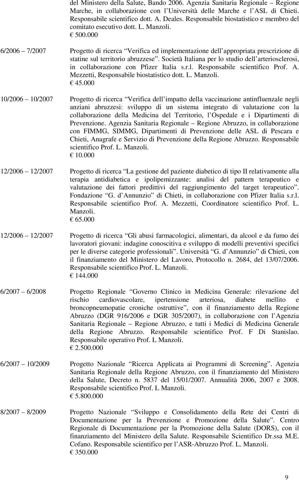 000 6/2006 7/2007 Progetto di ricerca Verifica ed implementazione dell appropriata prescrizione di statine sul territorio abruzzese.