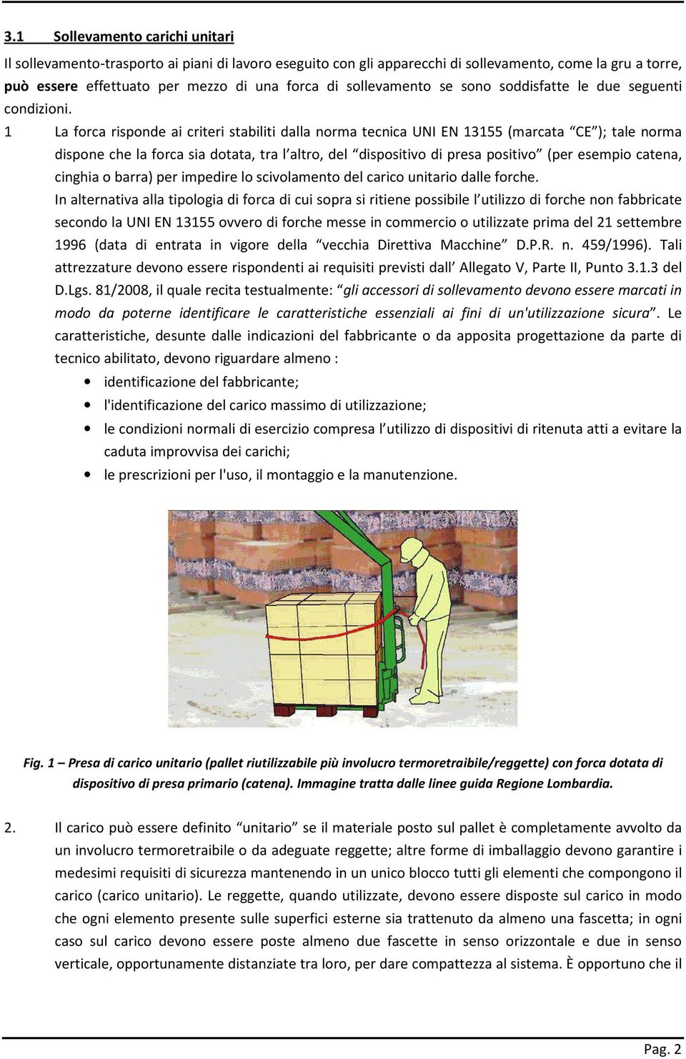 1 La forca risponde ai criteri stabiliti dalla norma tecnica UNI EN 13155 (marcata CE ); tale norma dispone che la forca sia dotata, tra l altro, del dispositivo di presa positivo (per esempio