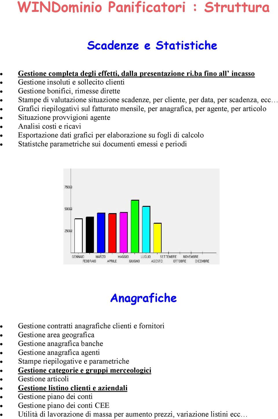 sul fatturato mensile, per anagrafica, per agente, per articolo Situazione provvigioni agente Analisi costi e ricavi Esportazione dati grafici per elaborazione su fogli di calcolo Statistche