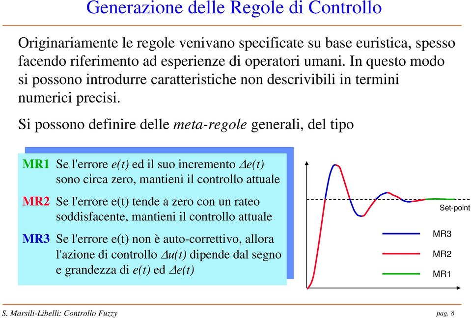 Si possono definire delle meta-regole generali, del tipo MR Se l'errore e(t) ed il suo incremento Δe(t) MR Se l'errore e(t) ed il suo incremento Δe(t) sono circa zero, mantieni il controllo attuale