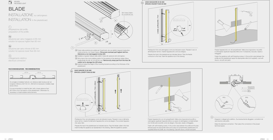 solution for spaces lower than 85 mm 3 collegamento elettrico electrical connection 1 a Forare nella posizione più adatta per l inserimento dei cavi elettrici (seguire longitudinalmente la traccia,