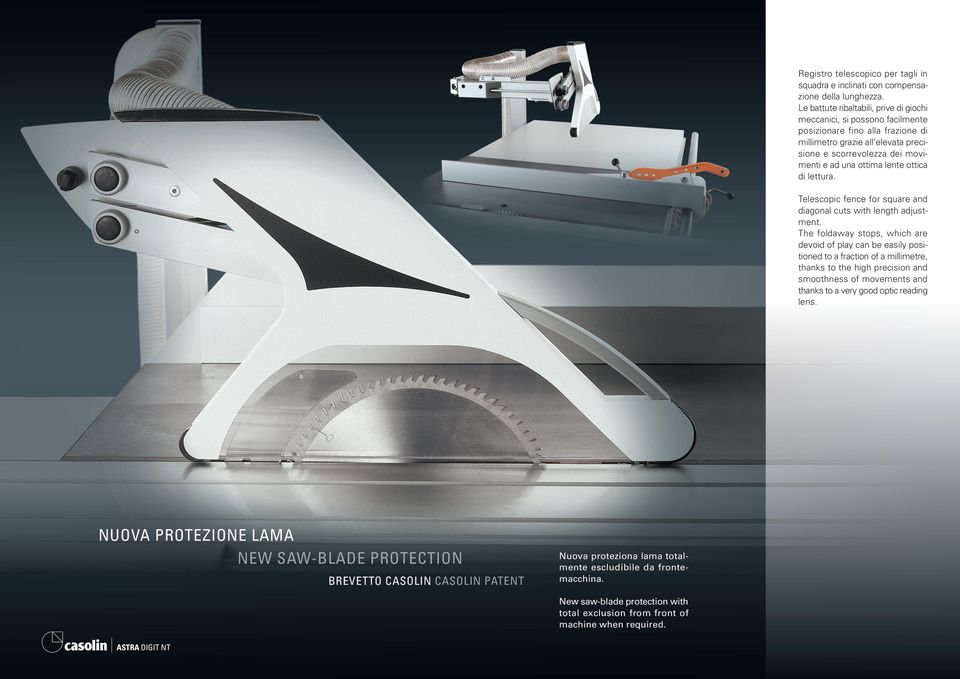 ottica di lettura. Telescopic fence for square and diagonal cuts with length adjustment.