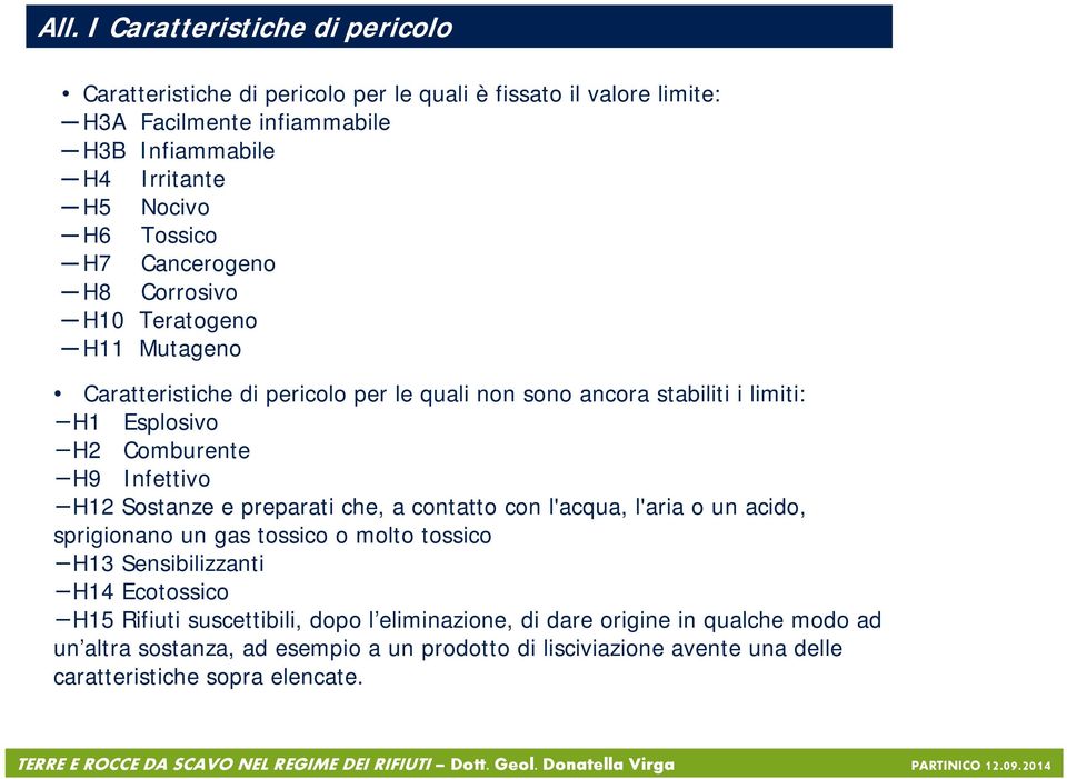 Infettivo H12 Sostanze e preparati che, a contatto con l'acqua, l'aria o un acido, sprigionano un gas tossico o molto tossico H13 Sensibilizzanti H14 Ecotossico H15 Rifiuti