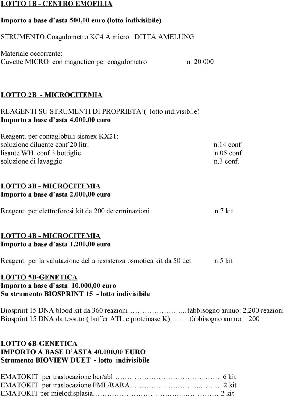 000,00 eur Reagenti per cntaglbuli sismex KX21: sluzine diluente cnf 20 litri lisante WH cnf 3 bttiglie sluzine di lavaggi n.14 cnf n.05 cnf n.3 cnf. LOTTO 3B - MICROCITEMIA Imprt a base d asta 2.