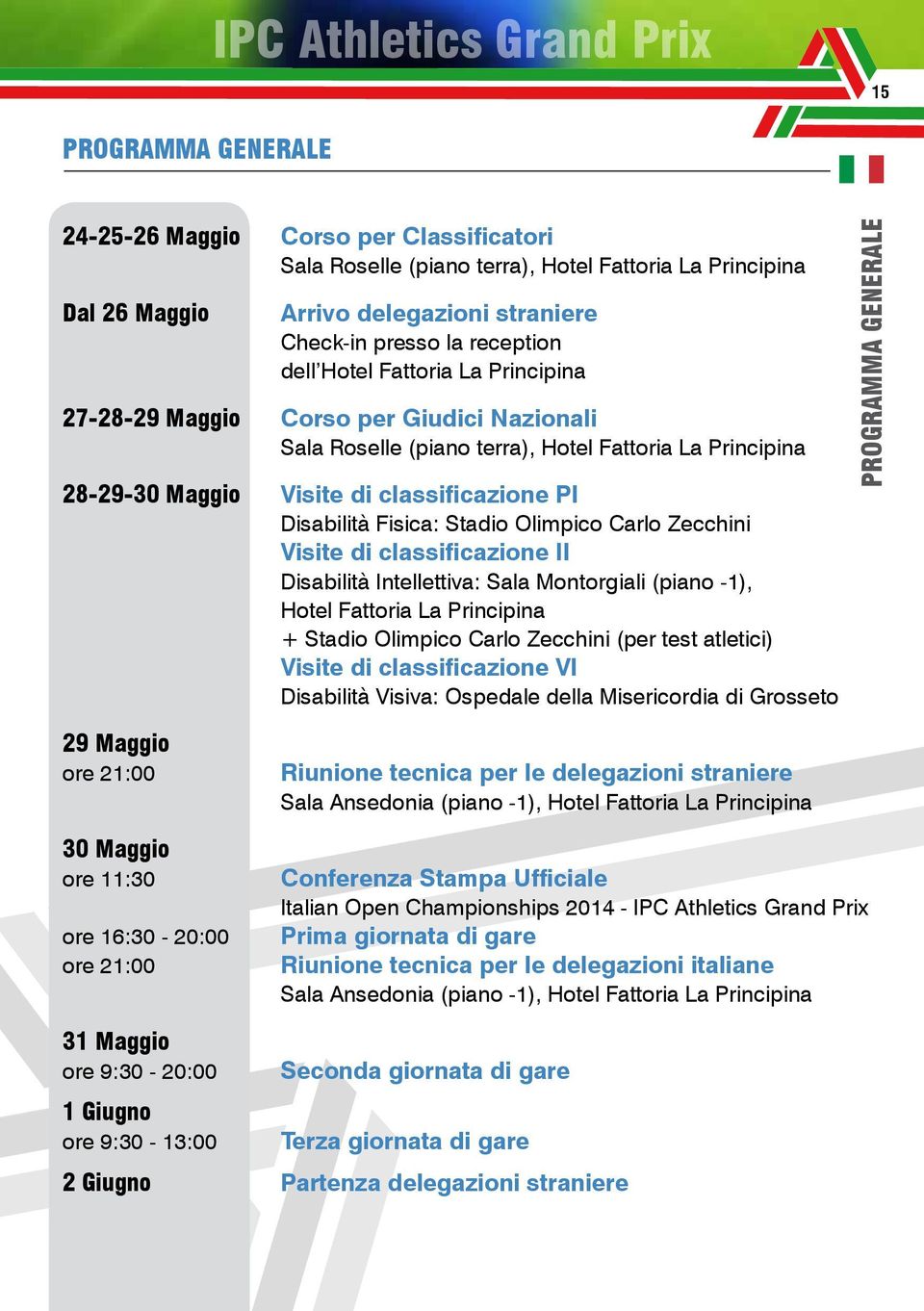 Disabilità Fisica: Stadio Olimpico Carlo Zecchini Visite di classificazione II Disabilità Intellettiva: Sala Montorgiali (piano -1), Hotel Fattoria La Principina + Stadio Olimpico Carlo Zecchini (per