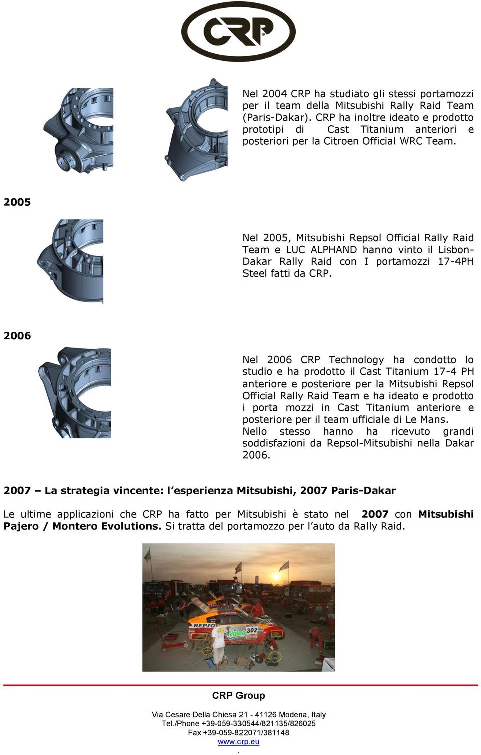 Technology ha condotto lo studio e ha prodotto il Cast Titanium 17-4 PH anteriore e posteriore per la Mitsubishi Repsol Official Rally Raid Team e ha ideato e prodotto i porta mozzi in Cast Titanium