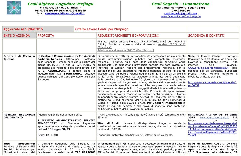 22/04/2015 si procederà alla raccolta delle candidature per n. 3 ASSUNZIONI a tempo pieno e indeterminato DI SEGRETARIO, secondo quanto richiesto dal Consiglio Regionale della Sardegna.