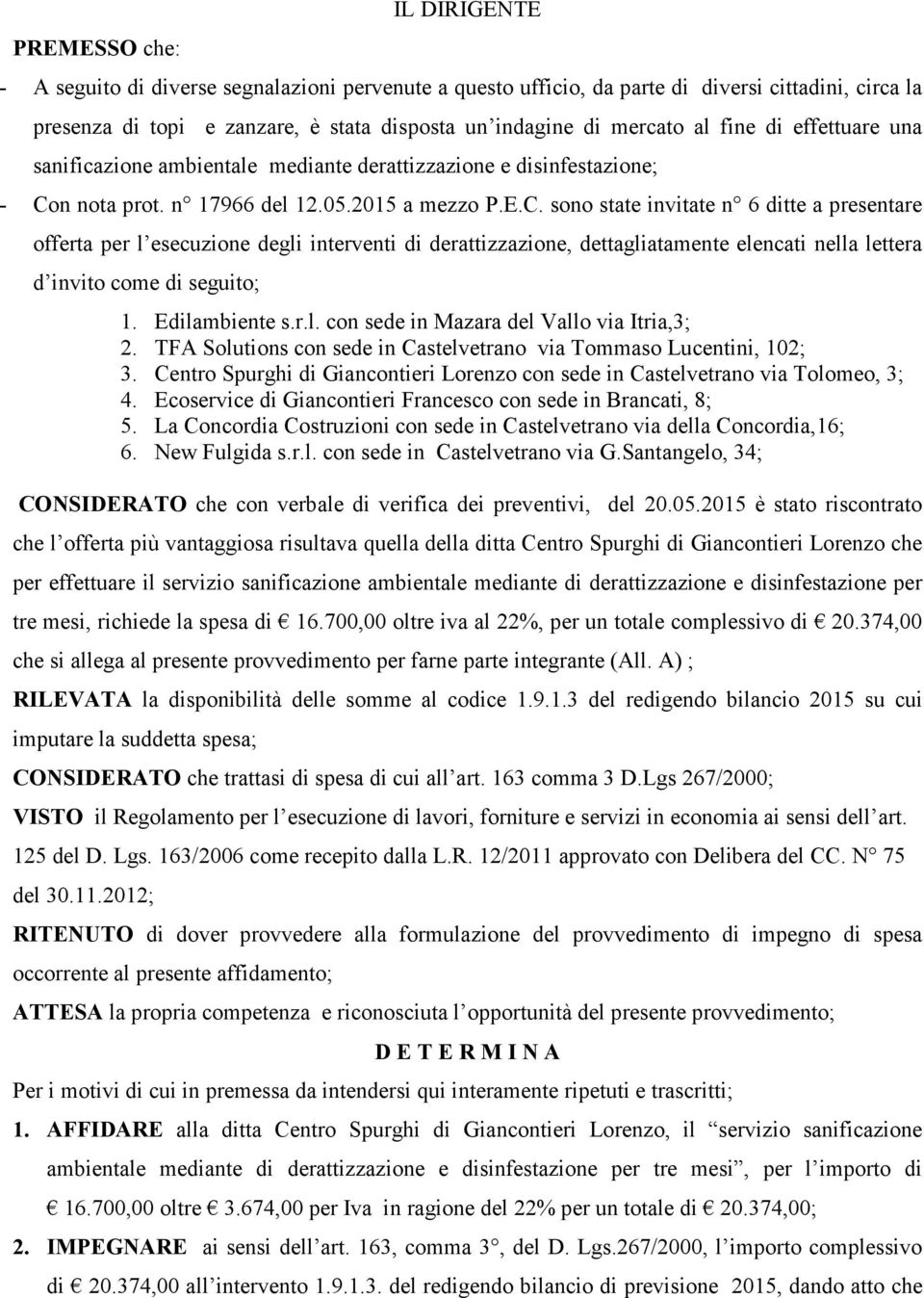 n nota prot. n 17966 del 12.05.2015 a mezzo P.E.C.