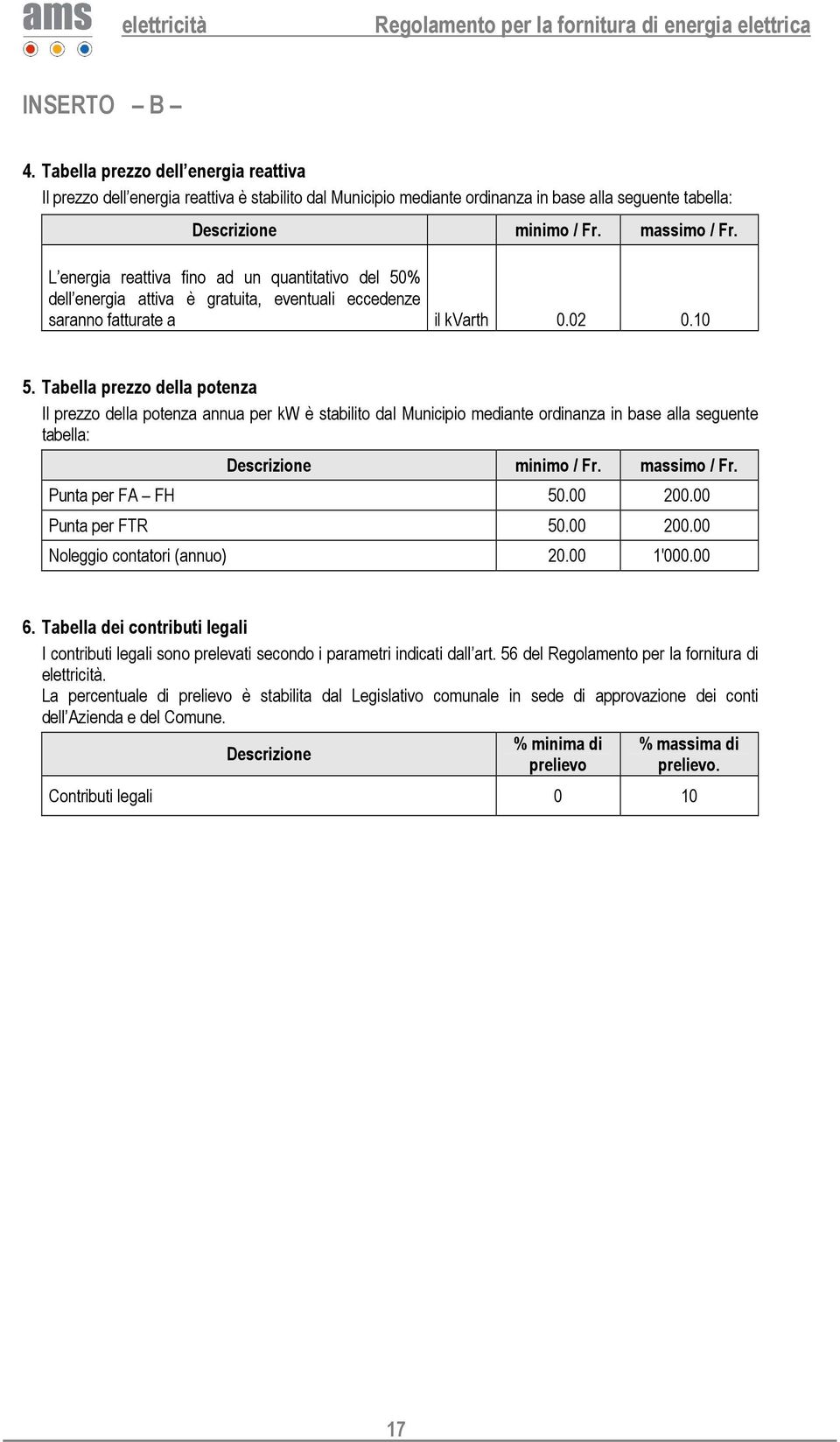 Tabella prezzo della potenza Il prezzo della potenza annua per kw è stabilito dal Municipio mediante ordinanza in base alla seguente tabella: Descrizione minimo / Fr. massimo / Fr. Punta per FA FH 50.