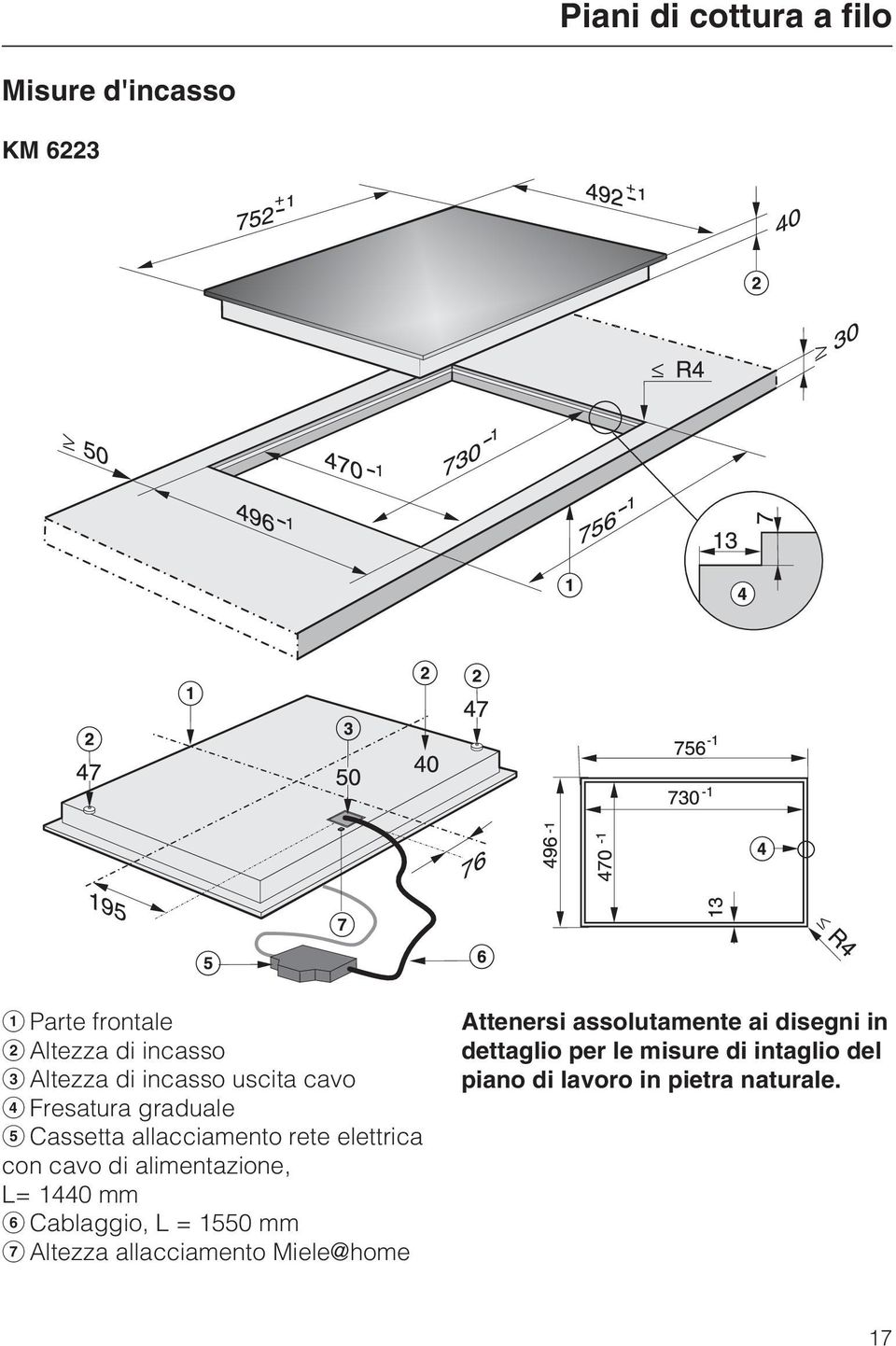 alimentazione, L= 1440 mm Cablaggio, L = 1550 mm Altezza allacciamento Miele home Attenersi