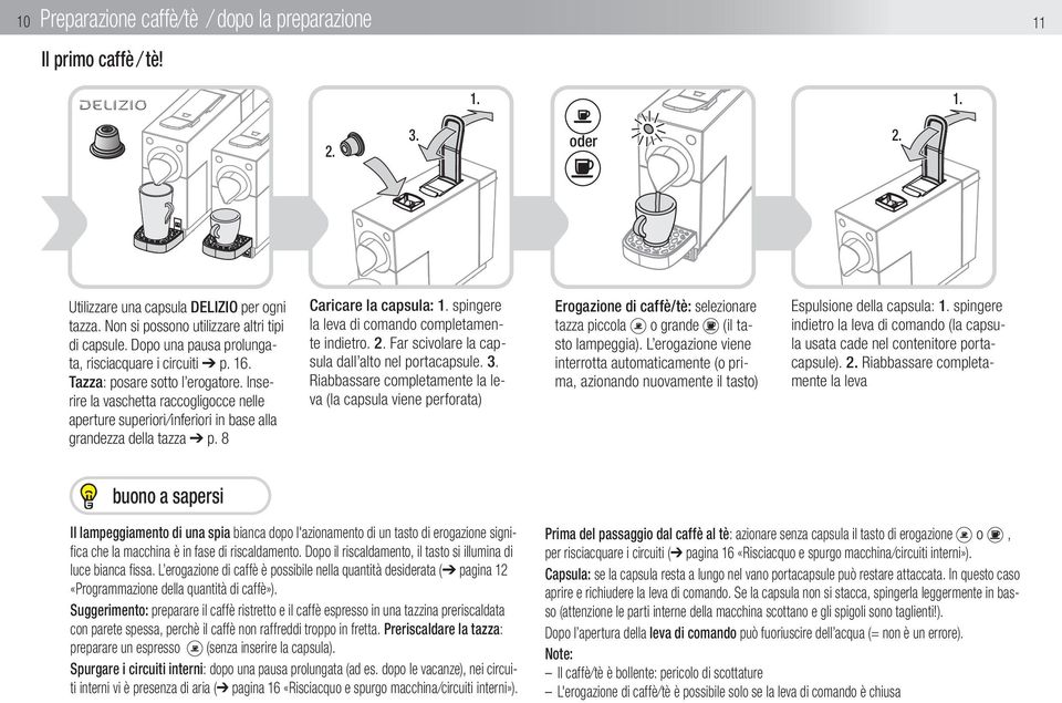 8 3. Caricare la capsula: 1. spingere la leva di comando completamente indietro. 2. Far scivolare la capsula dall alto nel portacapsule. 3. Riabbassare completamente la leva (la capsula viene perforata) 1.