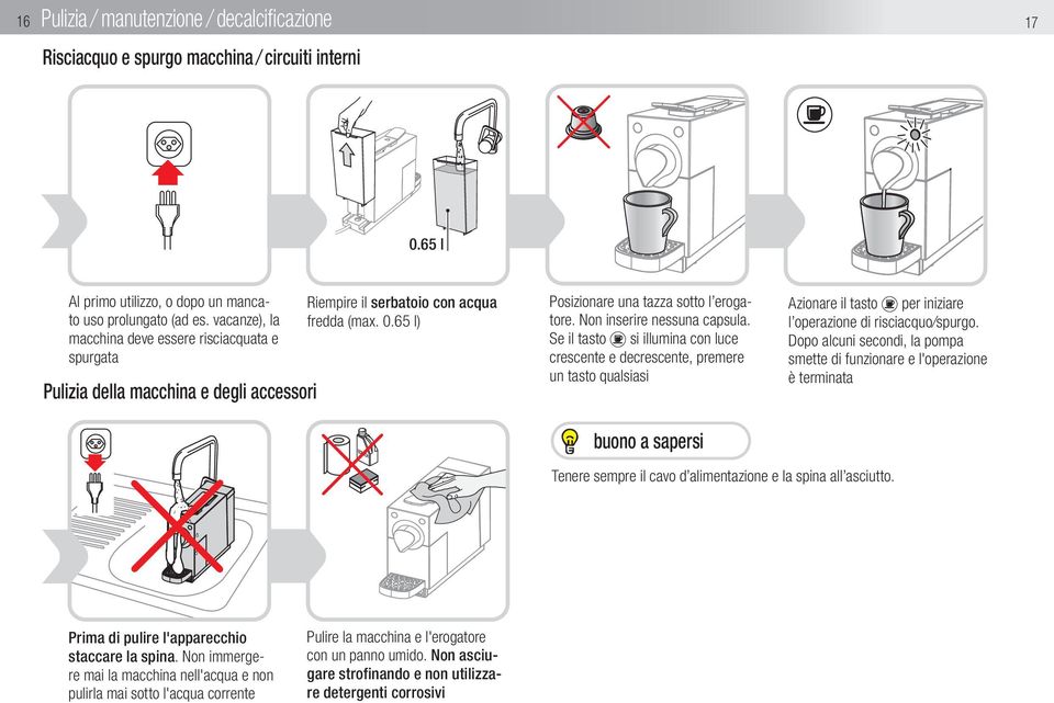 Non inserire nessuna capsula. Se il tasto si illumina con luce crescente e decrescente, premere un tasto qualsiasi buono a sapersi Azionare il tasto per iniziare l operazione di risciacquo/spurgo.