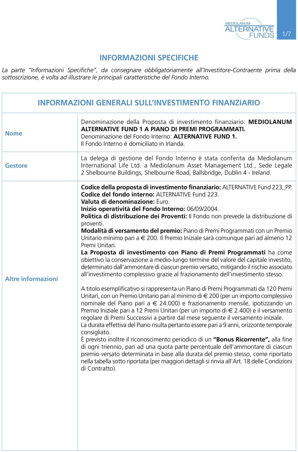 INFORMAZIONI GENERALI SULL INVESTIMENTO FINANZIARIO Nome Gestore Altre informazioni Denominazione della Proposta di investimento finanziario: MEDIOLANUM ALTERNATIVE FUND 1 A PIANO DI PREMI