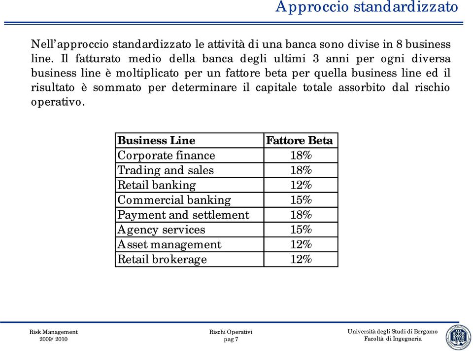 line ed il risultato è sommato per determinare il capitale totale assorbito dal rischio operativo.