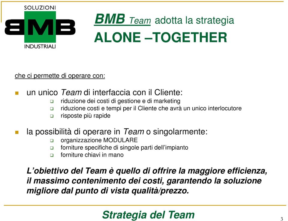 o singolarmente: organizzazione MODULARE forniture specifiche di singole parti dell impianto forniture chiavi in mano L obiettivo del Team è quello