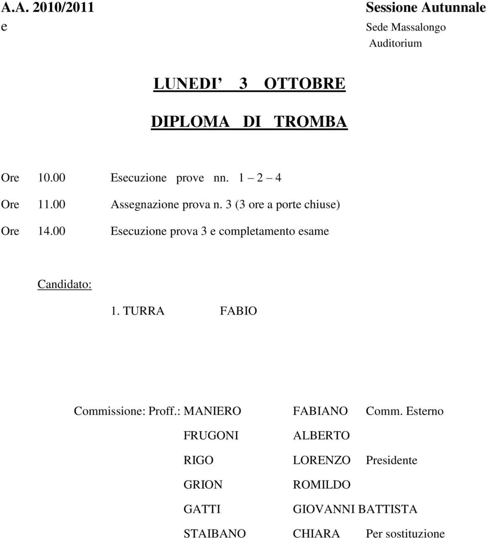 00 Esecuzione prova 3 e completamento esame Candidato: 1. TURRA FABIO Commissione: Proff.