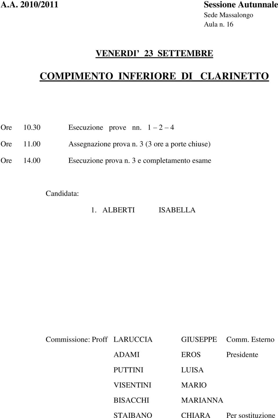3 e completamento esame Candidata: 1. ALBERTI ISABELLA Commissione: Proff LARUCCIA GIUSEPPE Comm.