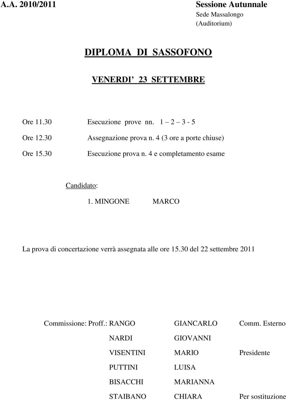 MINGONE MARCO La prova di concertazione verrà assegnata alle ore 15.30 del 22 settembre 2011 Commissione: Proff.