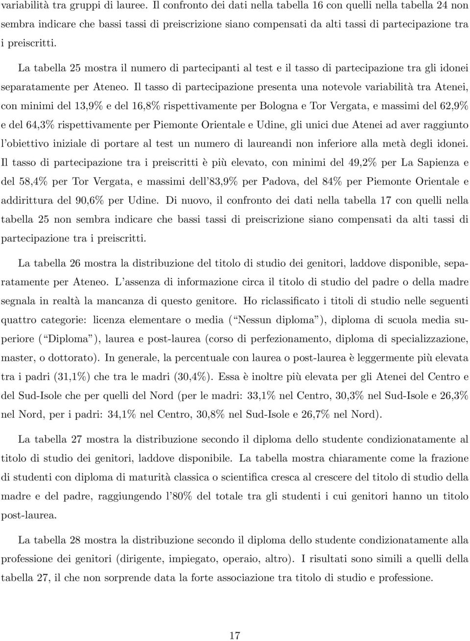 La tabella 25 mostra il numero di partecipanti al test e il tasso di partecipazione tra gli idonei separatamente per Ateneo.