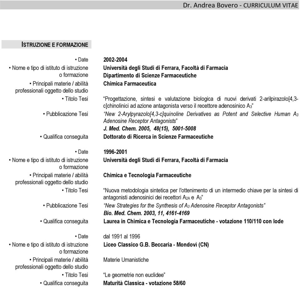 antagonista verso il recettore adenosinico A3 Pubblicazione Tesi New 2-Arylpyrazolo[4,3-c]quinoline Derivatives as Potent and Selective Human A3 Adenosine Receptor Antagonists J. Med. Chem.