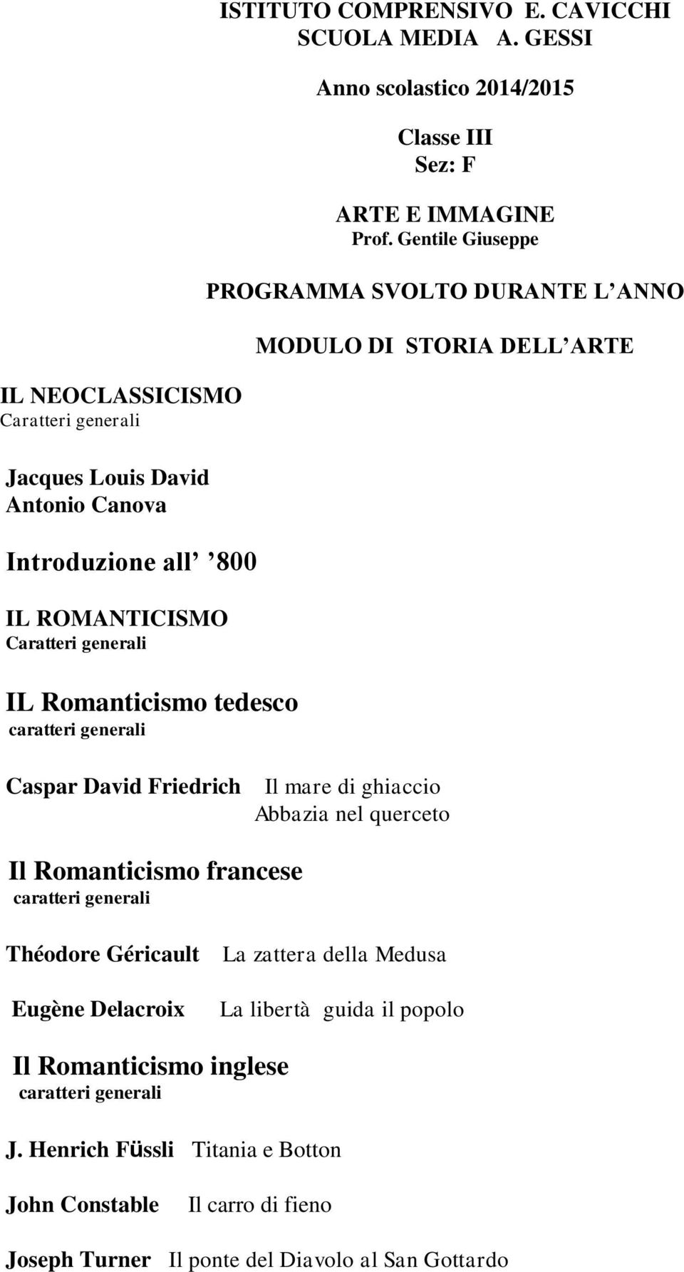 Gentile Giuseppe PROGRAMMA SVOLTO DURANTE L ANNO MODULO DI STORIA DELL ARTE Caspar David Friedrich Il mare di ghiaccio Abbazia nel querceto Il Romanticismo francese